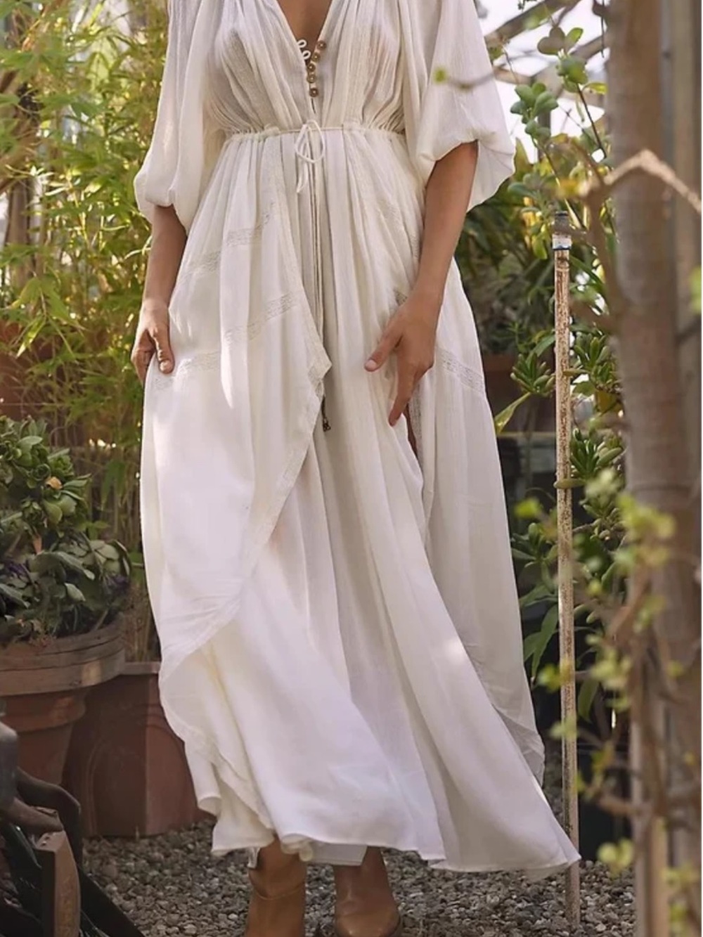 Free People Boho Maxi Dress — White Flowing V-Neck
